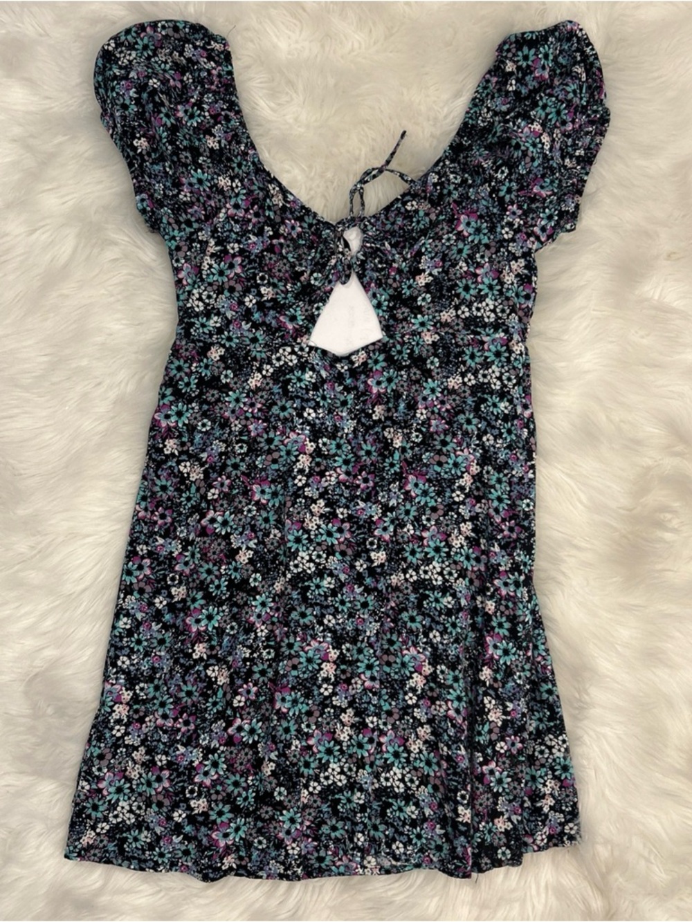 Live To Be Spoiled Rayon Short Puff Sleeve Black & Blue Floral Rouched  Dress